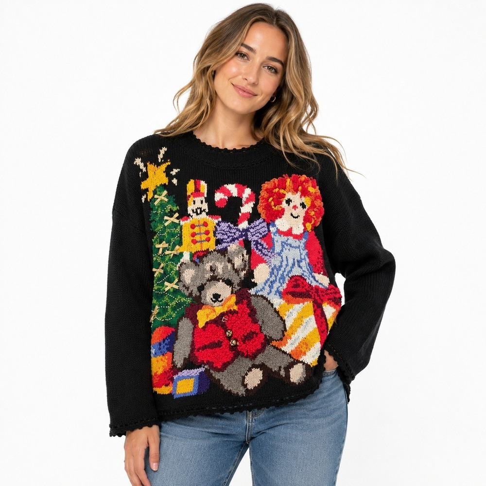 Vintage 90s Raggedy Ann Christmas Sweater L 3D Teddy Bear Bells Kitsch Party